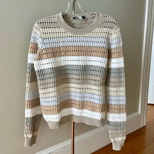 Autumn Cashmere Open-Knit Striped Cotton Sweater in Cream and Tan